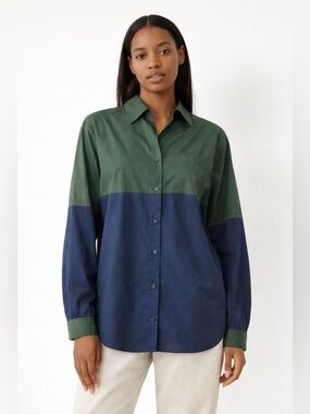 Jijil 100% Cotton Two-Tone Button-Up Shirt | Green&Navy Colourblock Long Sleeve